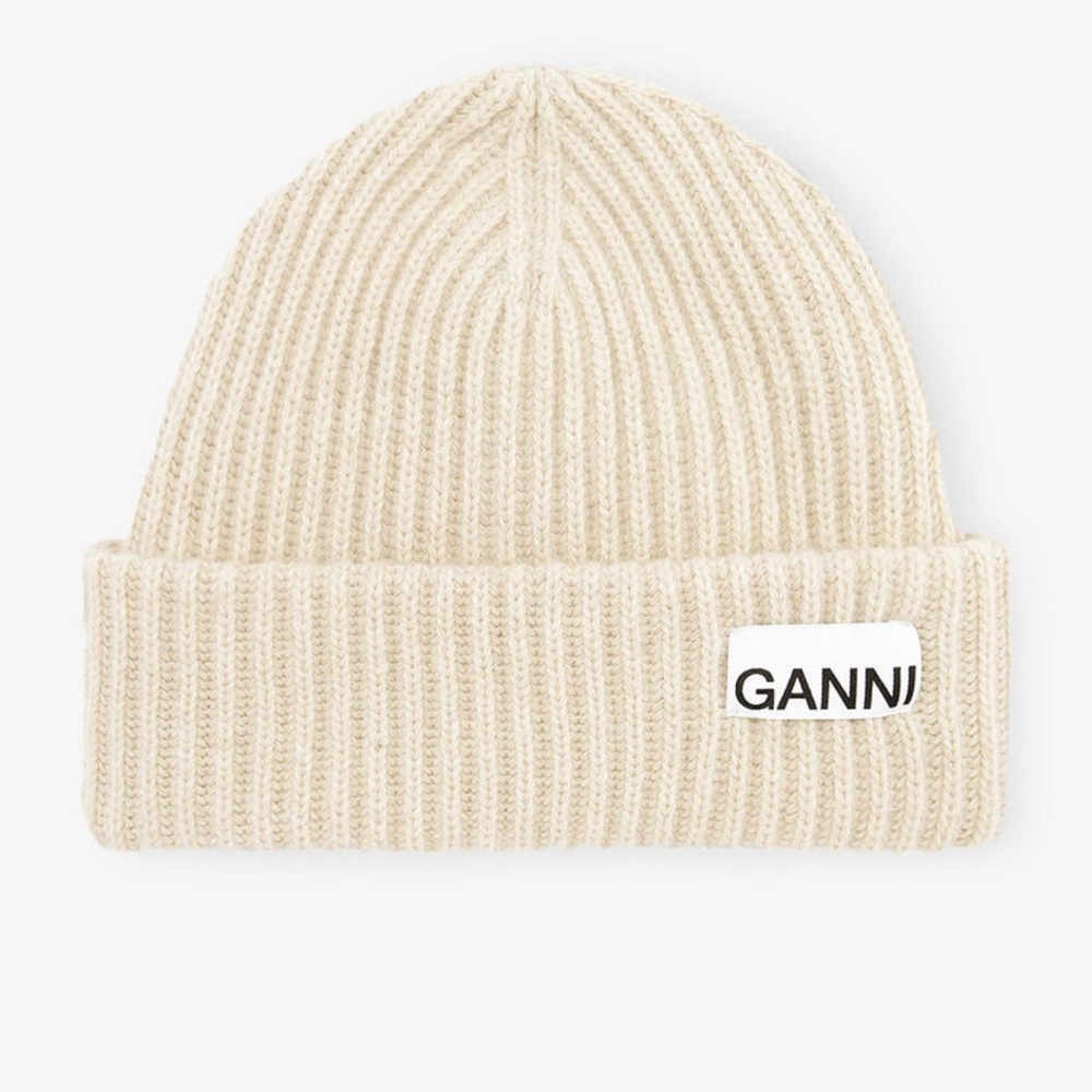 Ganni Beige Wool Ribbed Beanie